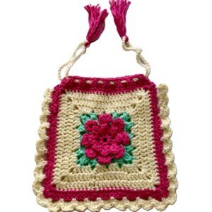 Crochet Purse Granny Square 3D Flower Pink Mint Cream 9" Drawstring Unlined